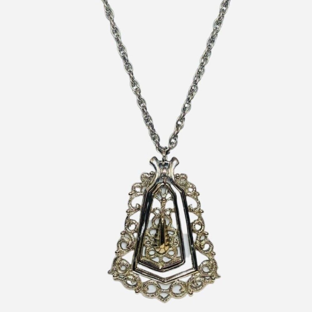Women’s Silver Tone Art Deco Large Filigree Floating Pendant Lariat Necklace 38”